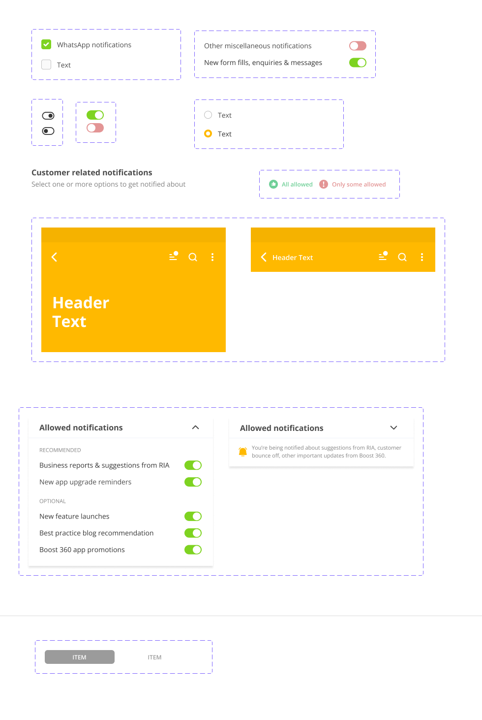Notification Center component exploration showing toggle variants, header states, and notification list with recommended and optional labels