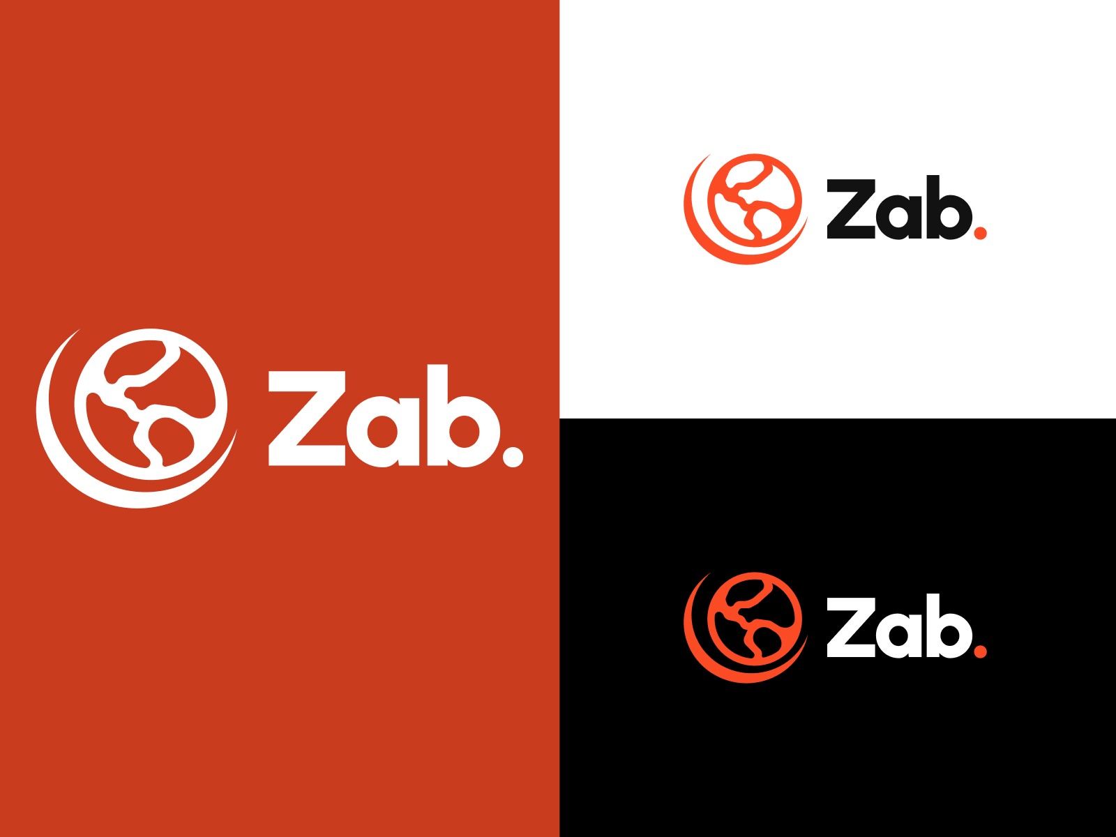 Zab brand identity showing logo across orange, white, and black backgrounds